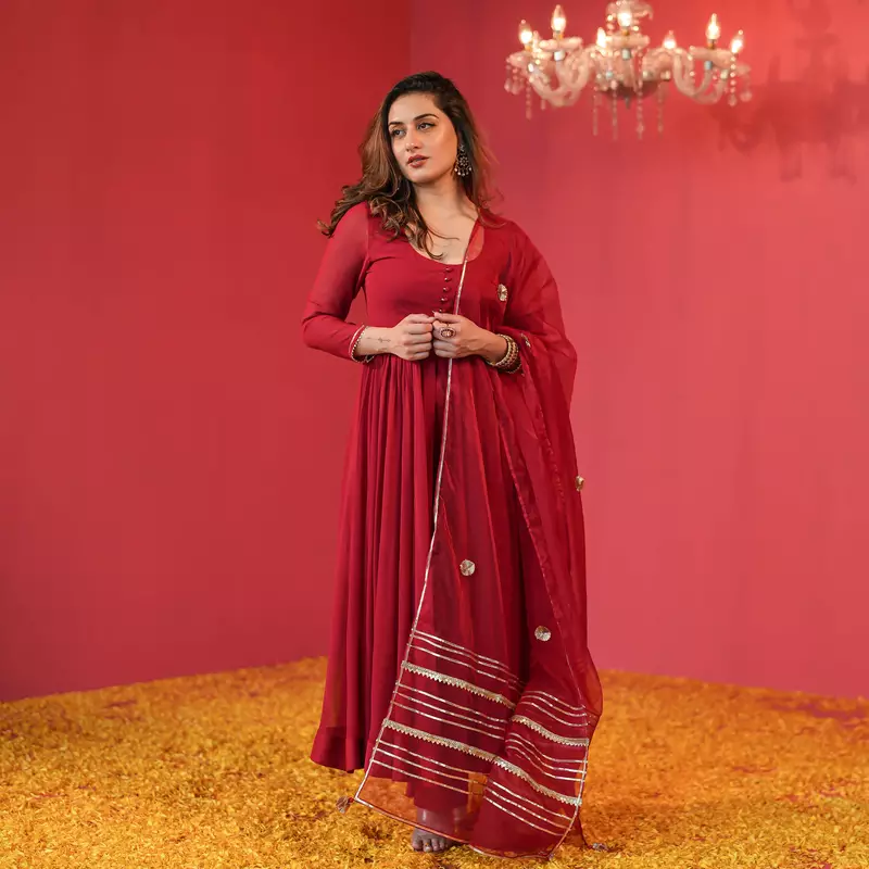 designer maroon full sleeve suit set with dupatta