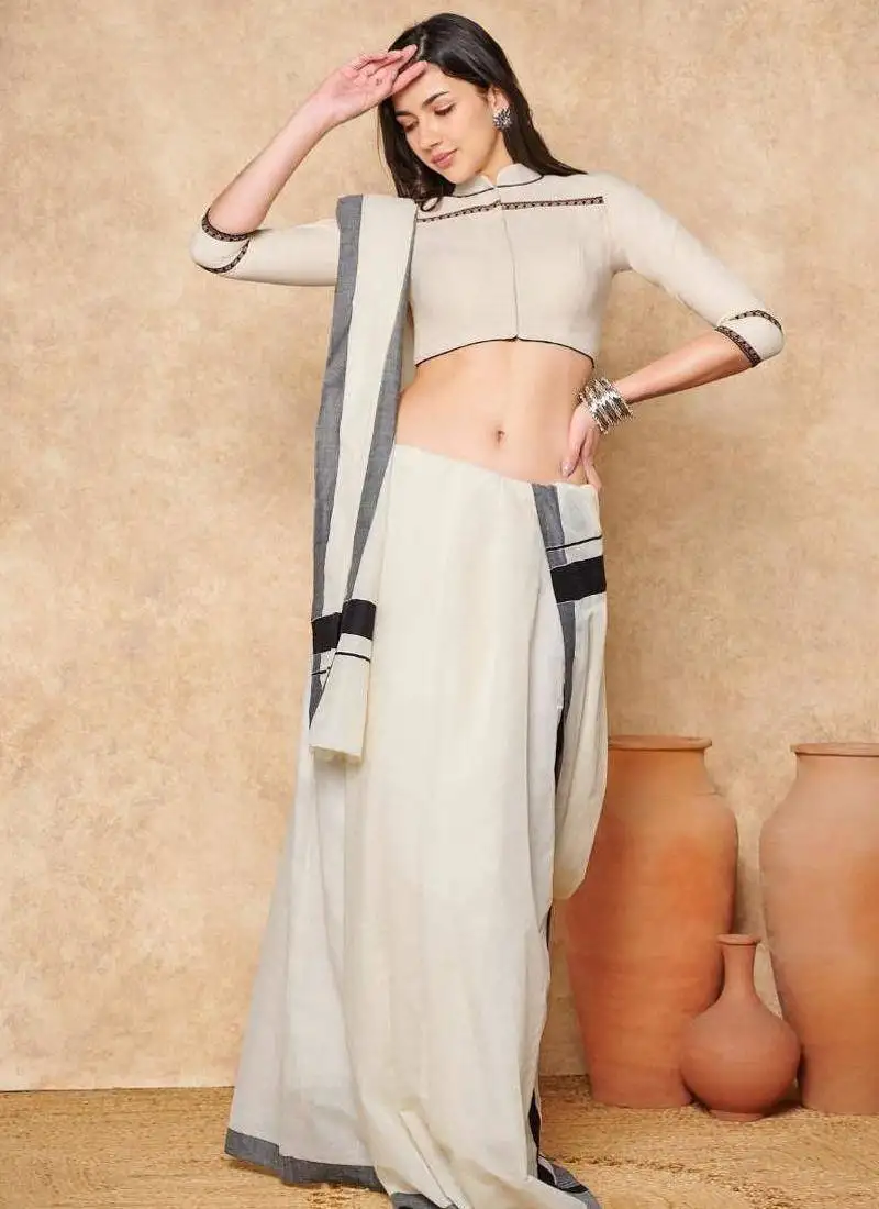 Cream pure cotton collared neck readymade blouse