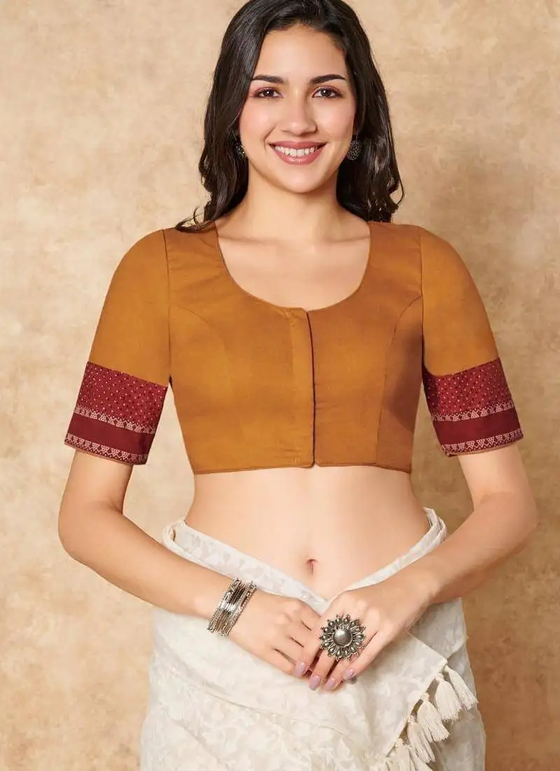 Mustard pure cotton round neck readymade blouse