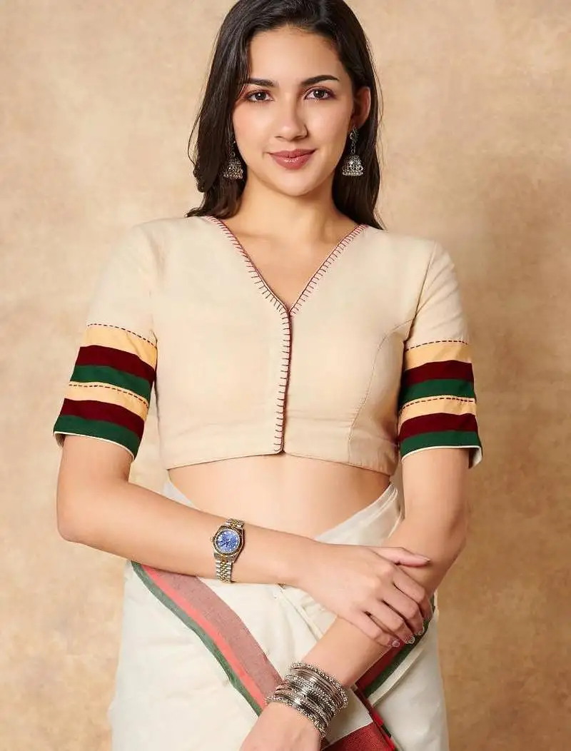 Cream pure cotton v neck readymade blouse