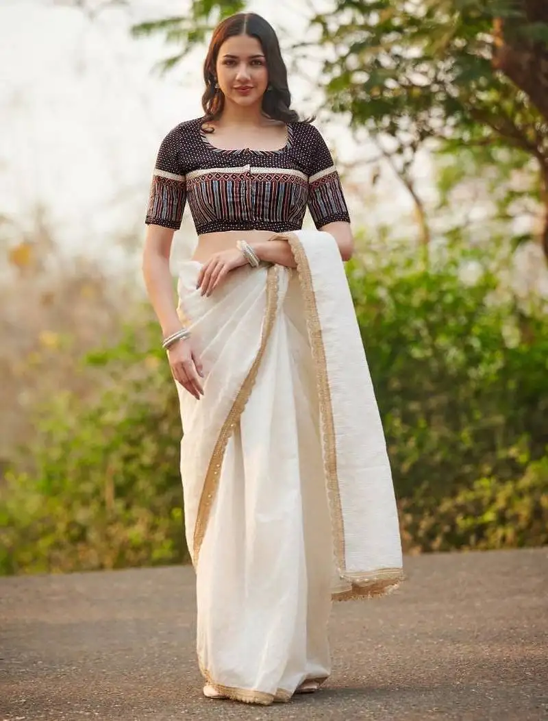 Black hand block printed ajrakh pure cotton round neck readymade blouse