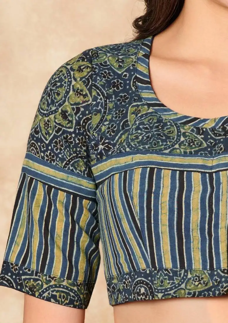 Green hand block printed ajrakh pure cotton round neck readymade blouse
