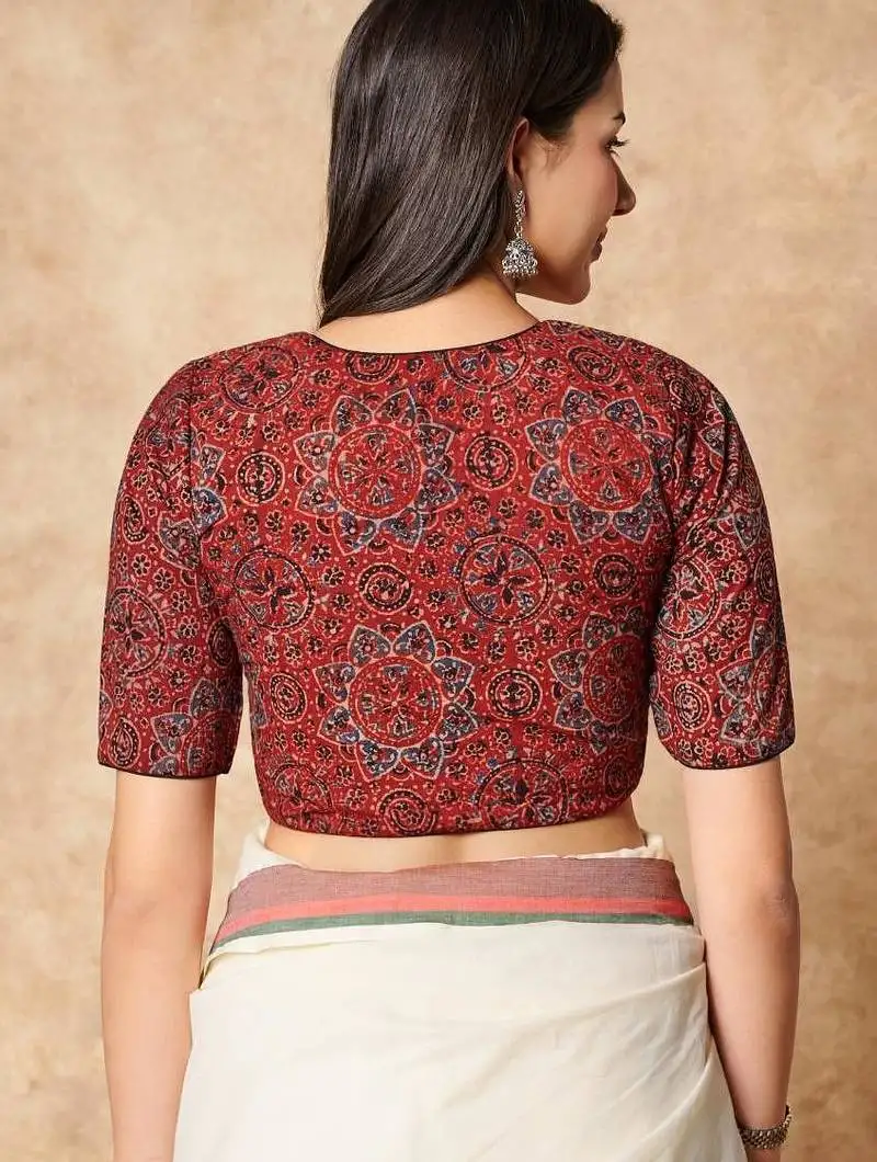 Maroon hand block printed ajrakh pure cotton round neck readymade blouse