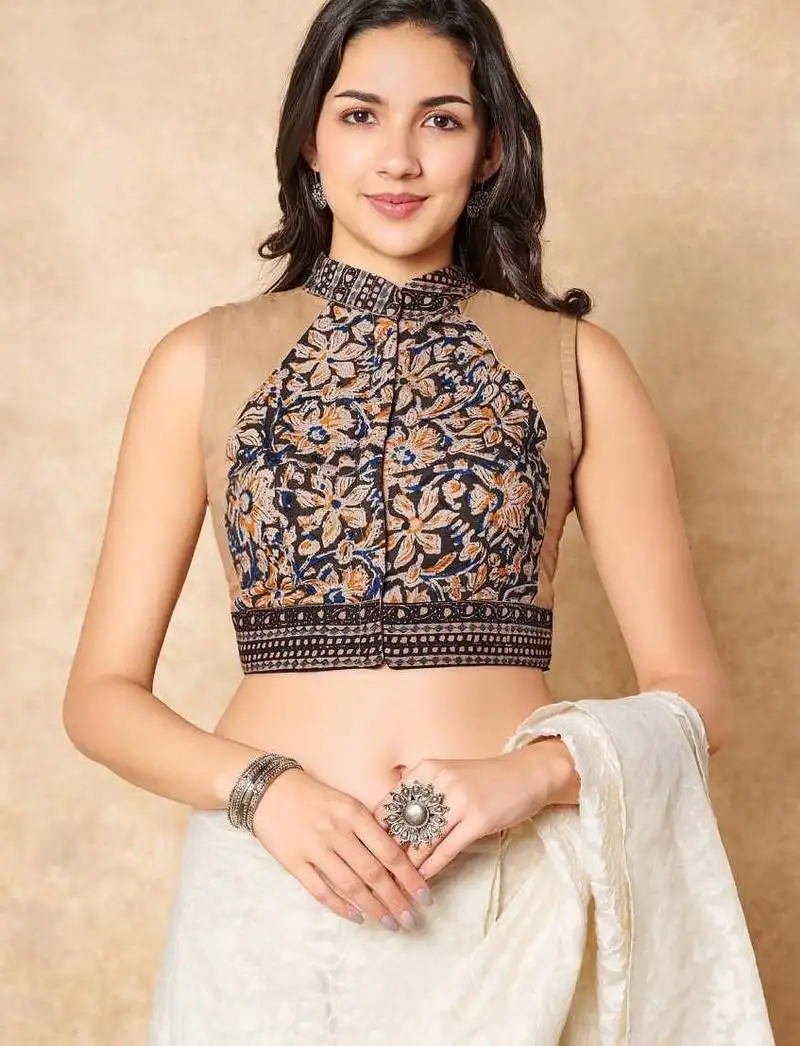 Beige kalamkari pure cotton stand collar readymade blouse