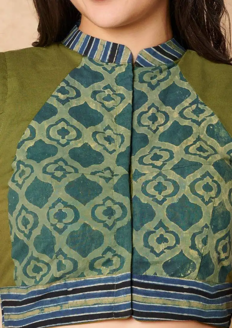 Green batik hand block printed pure cotton stand collar readymade blouse