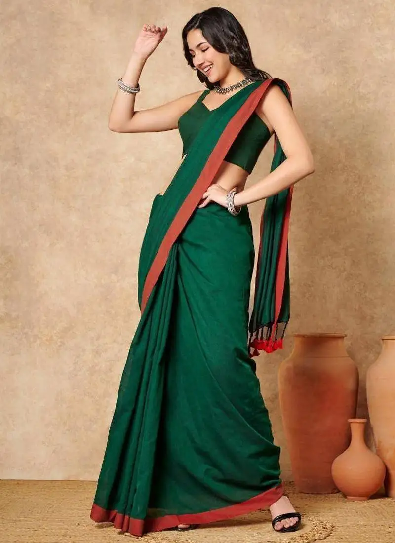 Green pure cotton sleeveless readymade blouse