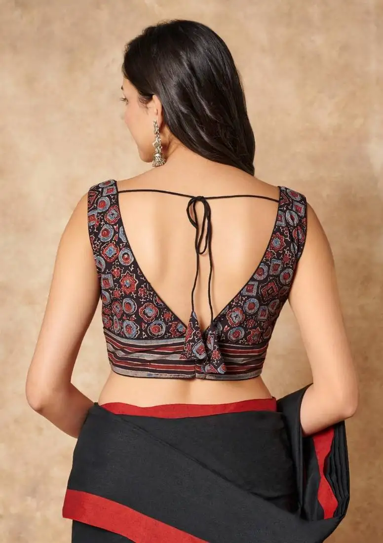 Black hand block printed ajrakh pure cotton v neck readymade blouse