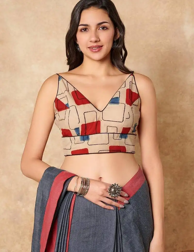 Beige hand block printed ajrakh pure cotton sleeveless readymade blouse