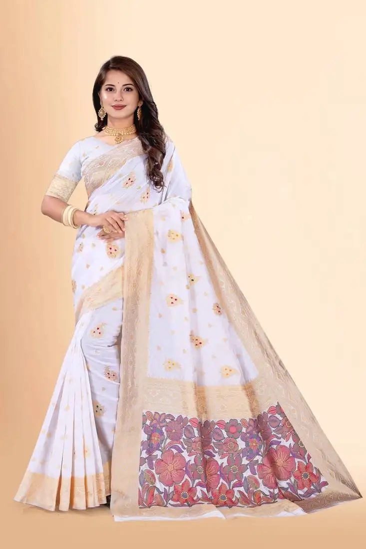 White art silk zari woven saree with rich pallu