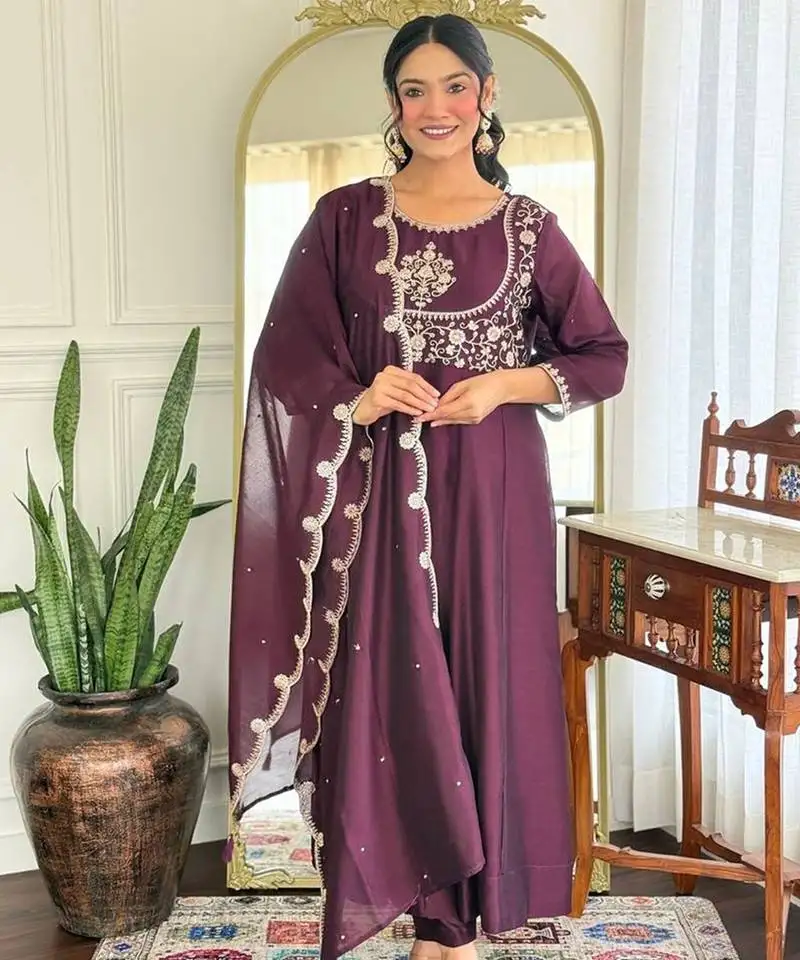 Wine embroidered kurti set with dupatta stitched