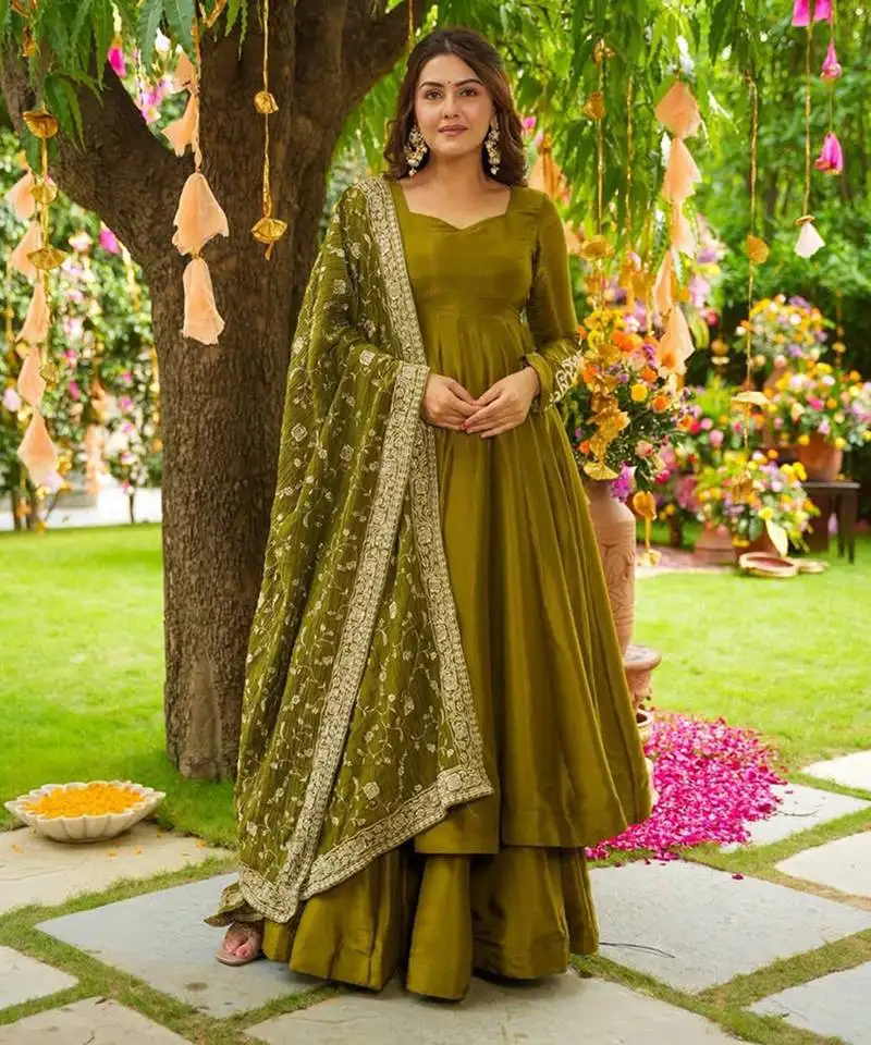Olive green anarkali with dupatta stitched
