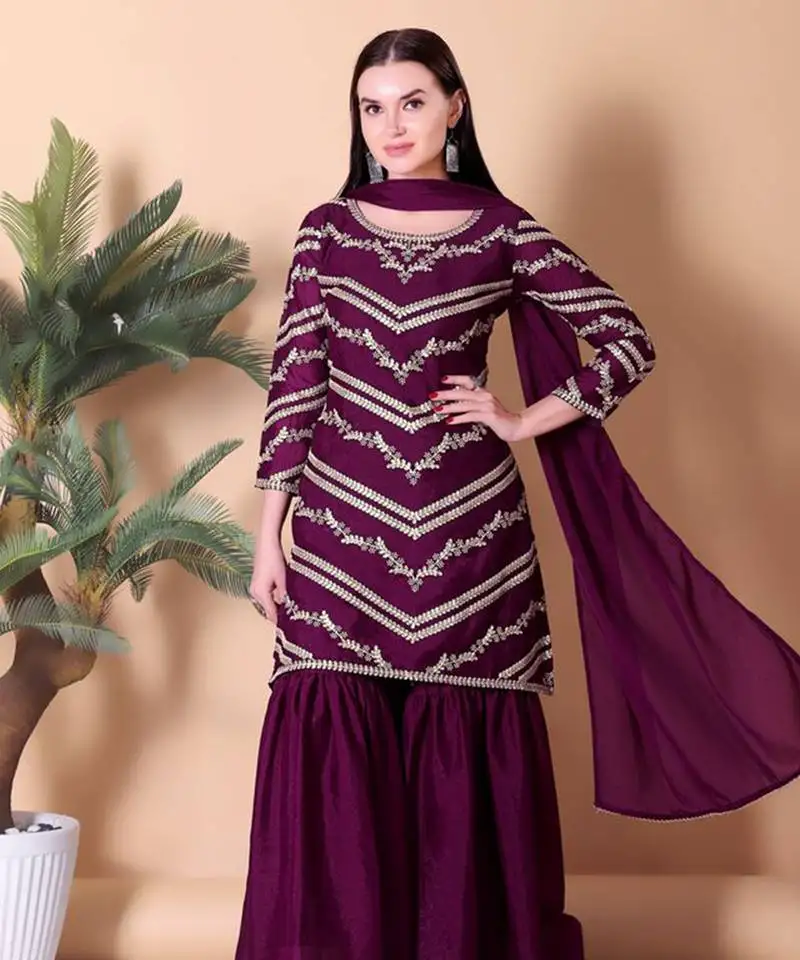 Wine embroidered ethnic set stitched