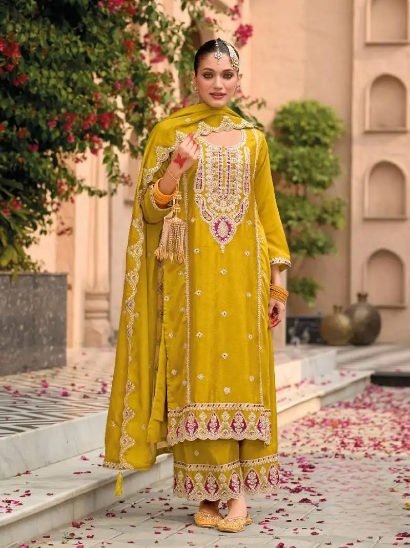 Yellow premium embroidered chinon semi stitched salwar suit