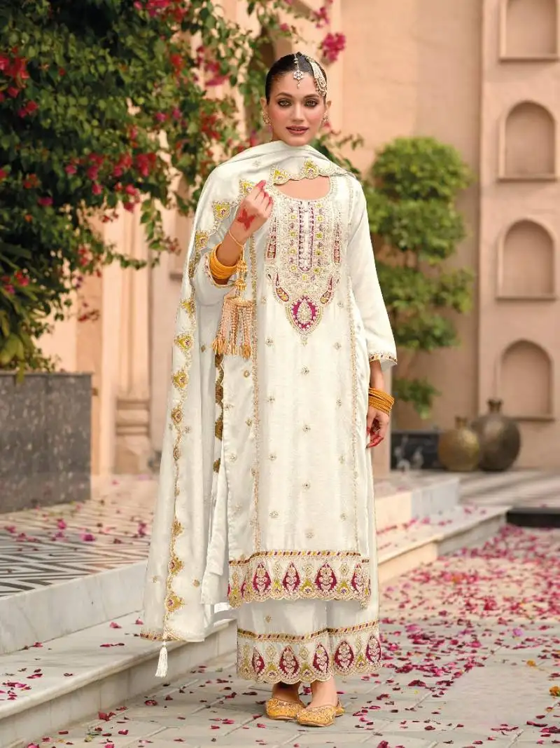 Beige embroidered chinon semi stitched salwar suit