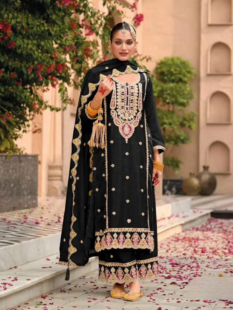 Black embroidered chinon semi stitched salwar suit
