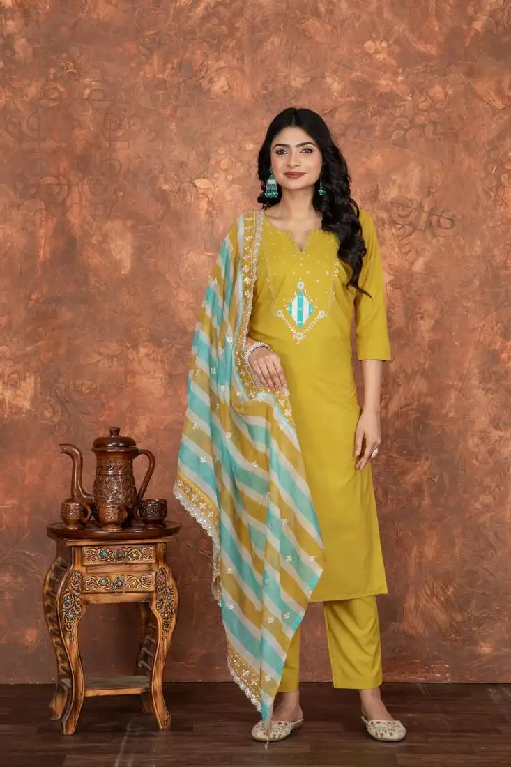 Roman silk embroidered kurta with pant & tabby silk dupatta set
