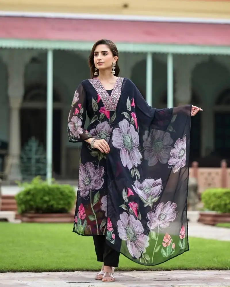 Black georgette floral digital print kurta with rayon bottom & printed dupatta set