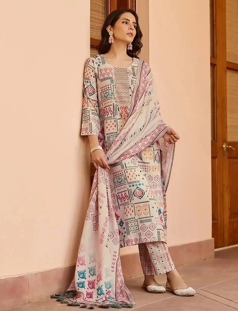 Cotton ikat printed kurta with bottom & chanderi cotton dupatta set