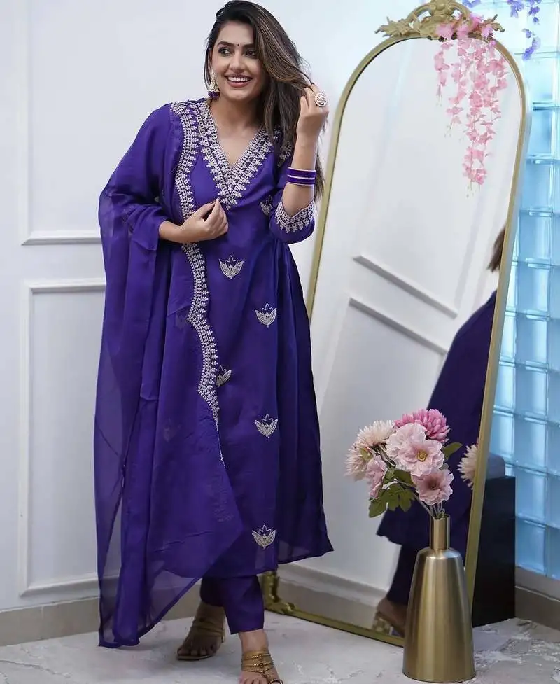 Purple pv chanderi embroidered gown set with bottom & dupatta