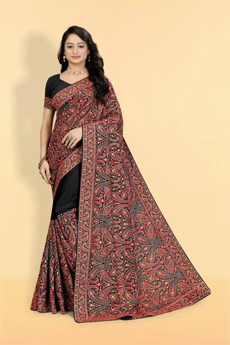 Elegant black and maroon kashmiri work designer heavy bemberg georgette saree