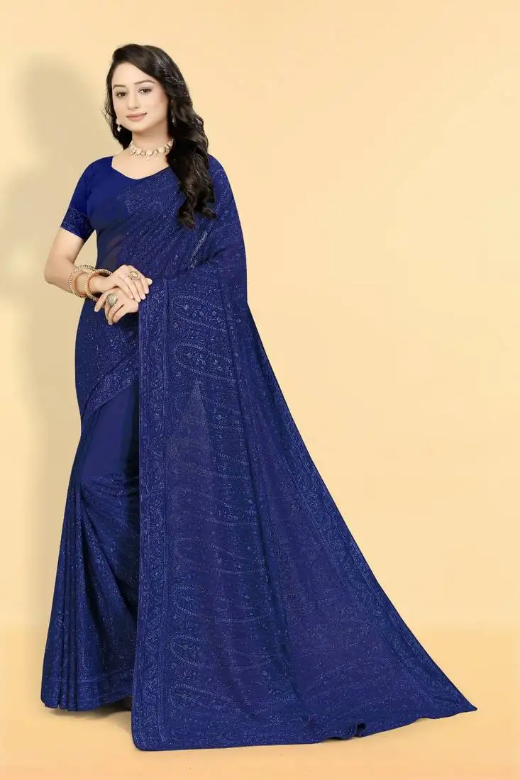 Royal blue radiance bamberg georgette saree with intricate sparkle detailing