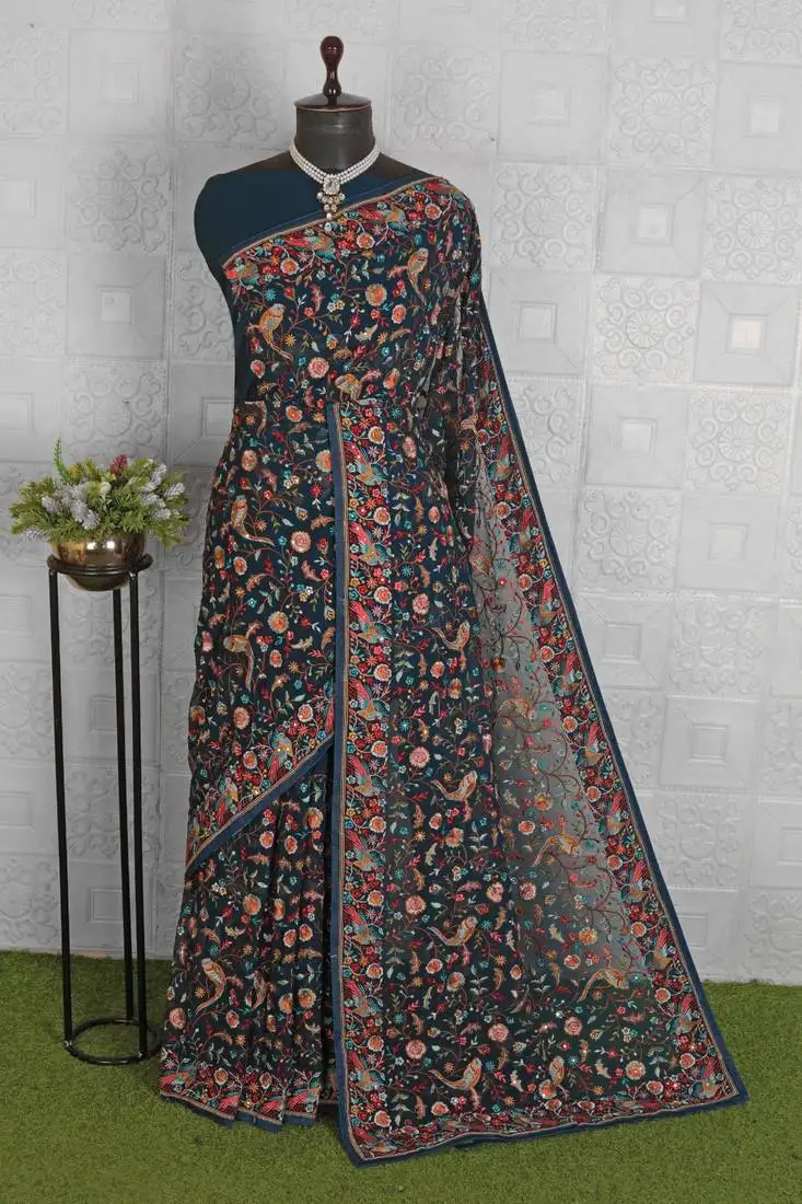 Elegant midnight blue floral jaal saree with bird motifs kashmiri work