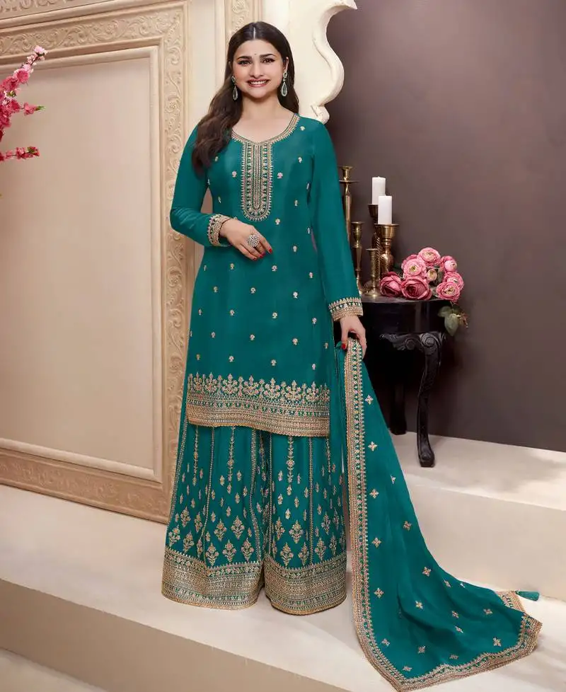 Traditional rama green chinon palazzo suit set for women semi stitched
