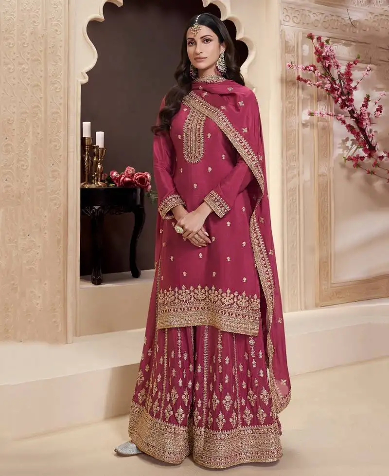 Traditional rani pink chinon palazzo suit set for women semi stitched