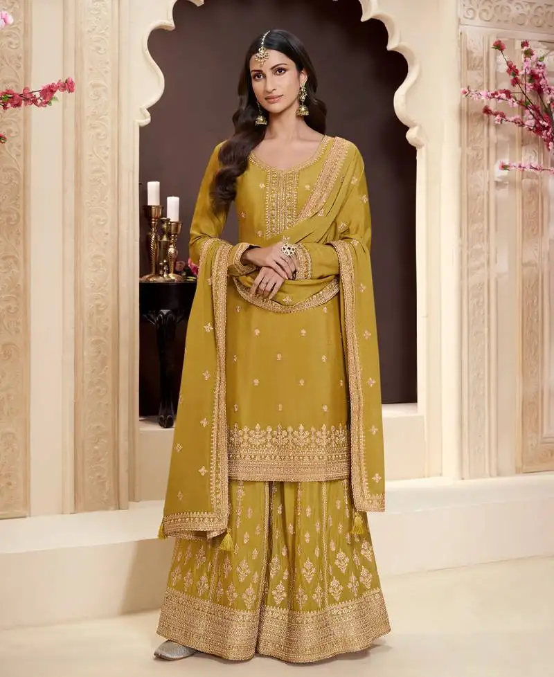 Traditional yellow chinon palazzo suit set for women semi stitched