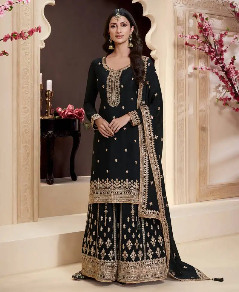 Traditional black chinon palazzo suit set for women semi stitched