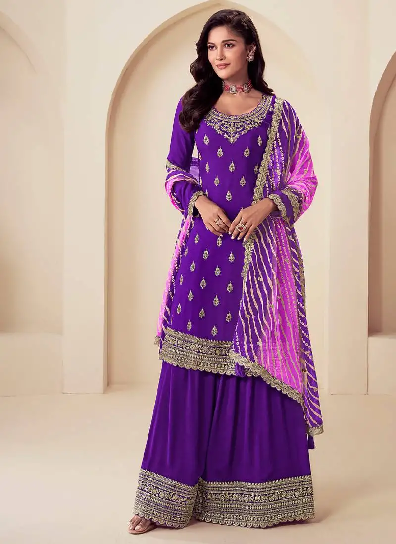 Designer purple chinon straight suit for women ethnic wear semi stitched