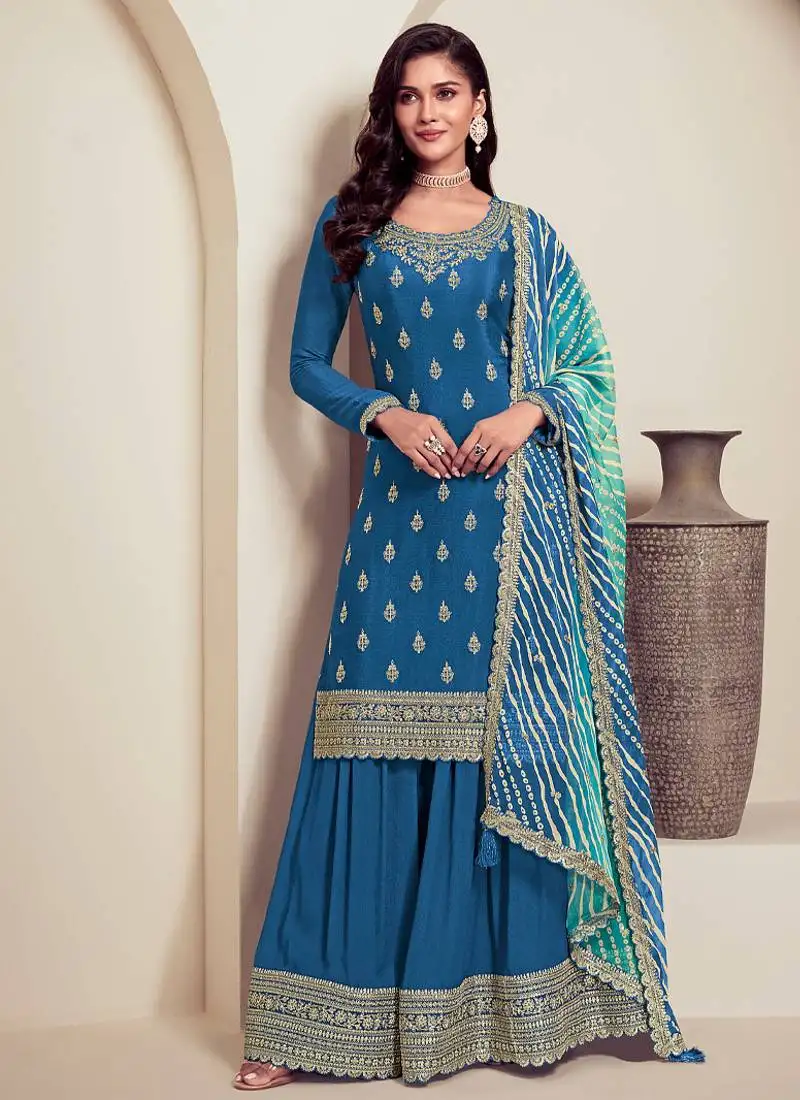 Designer blue chinon straight suit for women ethnic wear semi stitched