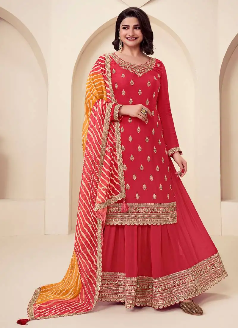 Designer red chinon straight suit for women ethnic wear semi stitched