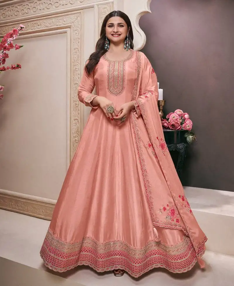 peach silk anarkali suit for women semi stitched