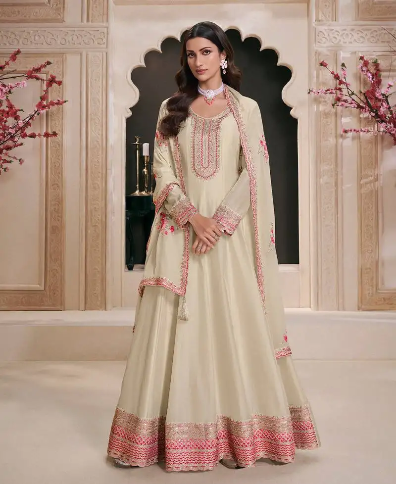 White silk anarkali suit for women semi stitched