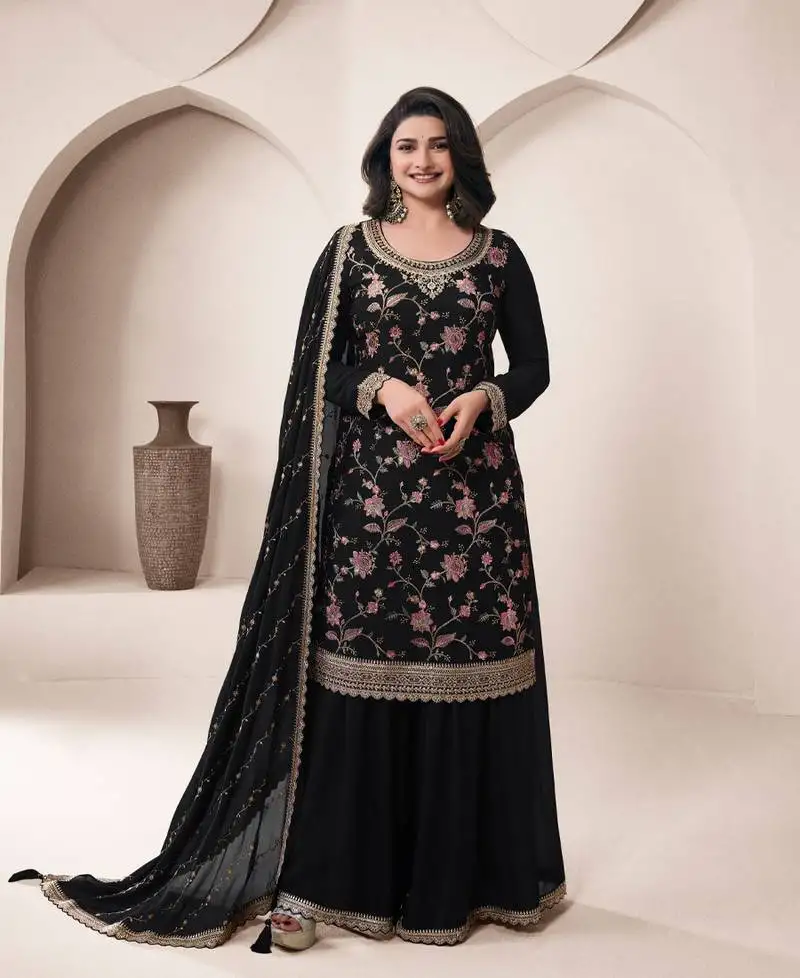 Traditional all black chinon palazzo suit set for women semi stitched
