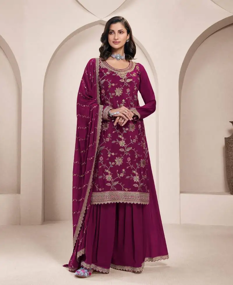 Traditional all magenta chinon palazzo suit set for women semi stitched