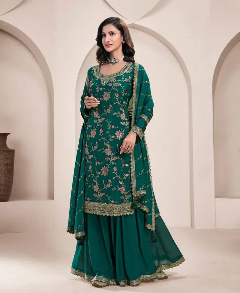 Traditional all green chinon palazzo suit set for women semi stitched