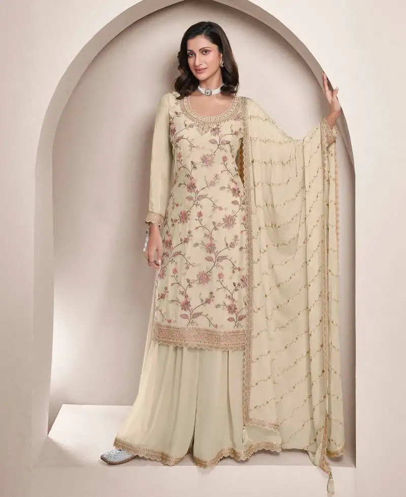 Traditional all white chinon palazzo suit set for women semi stitched