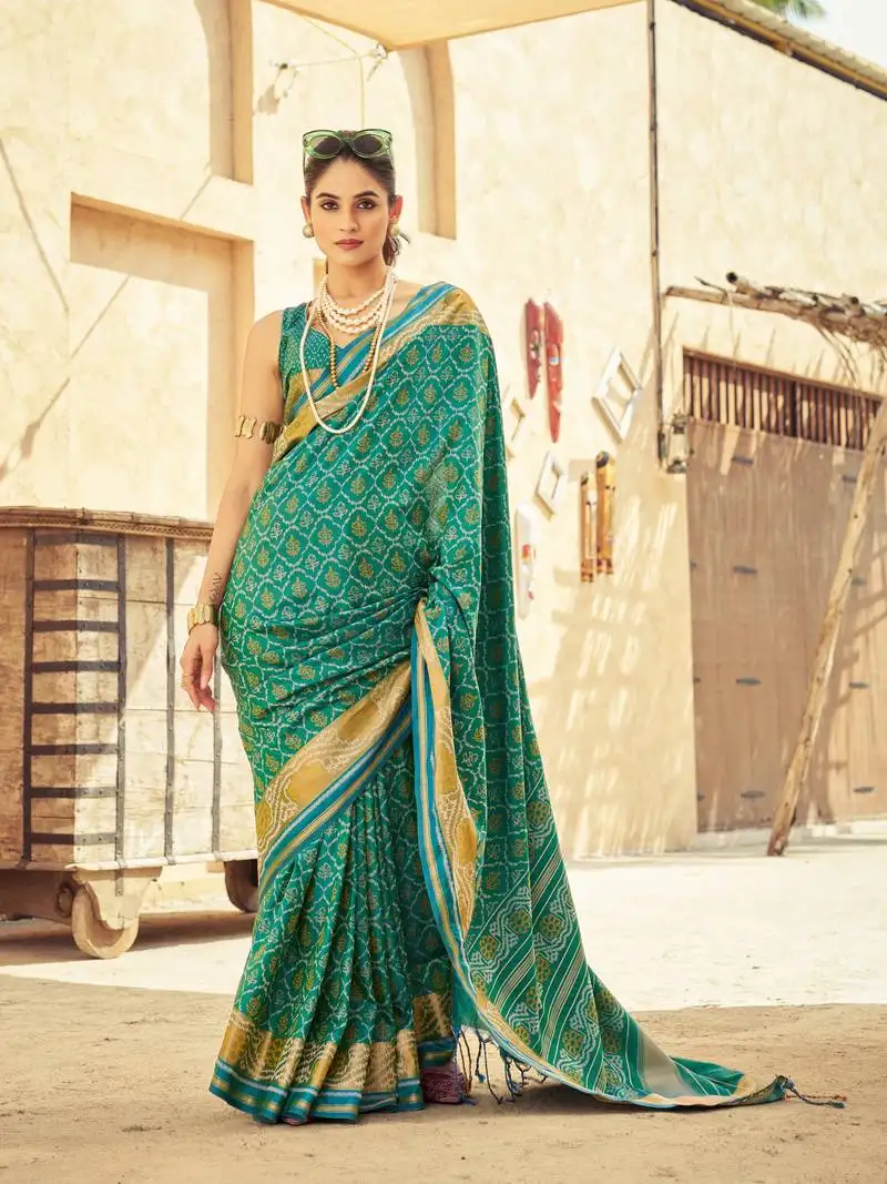 Green elegant cotton blend festive wear saree with blouse