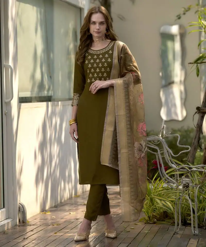 Women's beautiful rayon embroidery straight kurta with pant and dupatta set