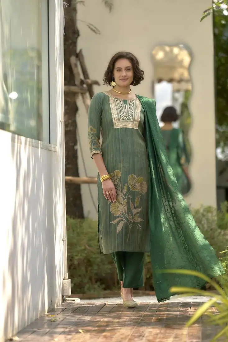 Women's gorgeous tissue embroidered straight kurta with pant and dupatta set
