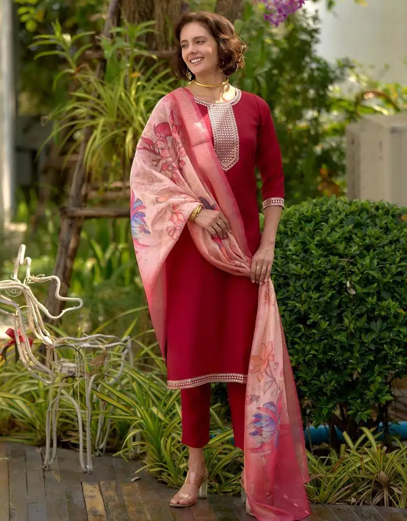 Women's gorgeous roman embroidery straight kurta with pant and dupatta set