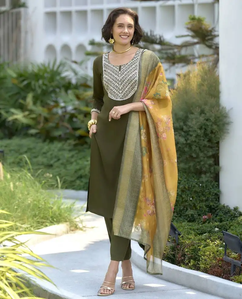 Women's gorgeous viscose rayon embroidery straight kurta with pant and dupatta set