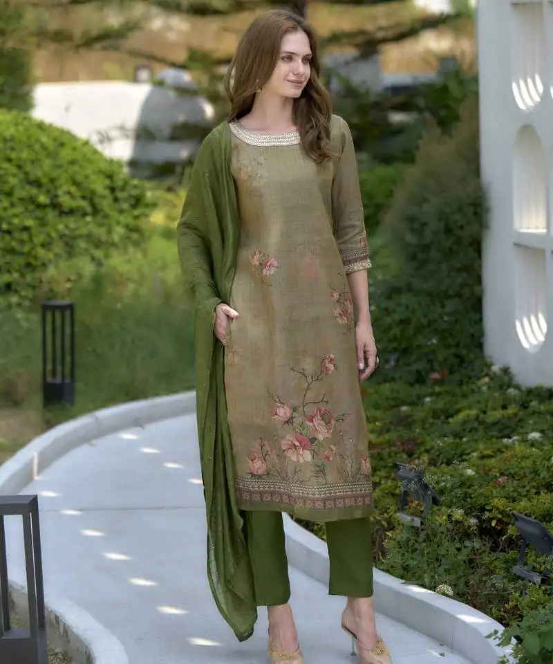 Women's beautiful tissue embroidery work straight kurta with pant and dupatta set