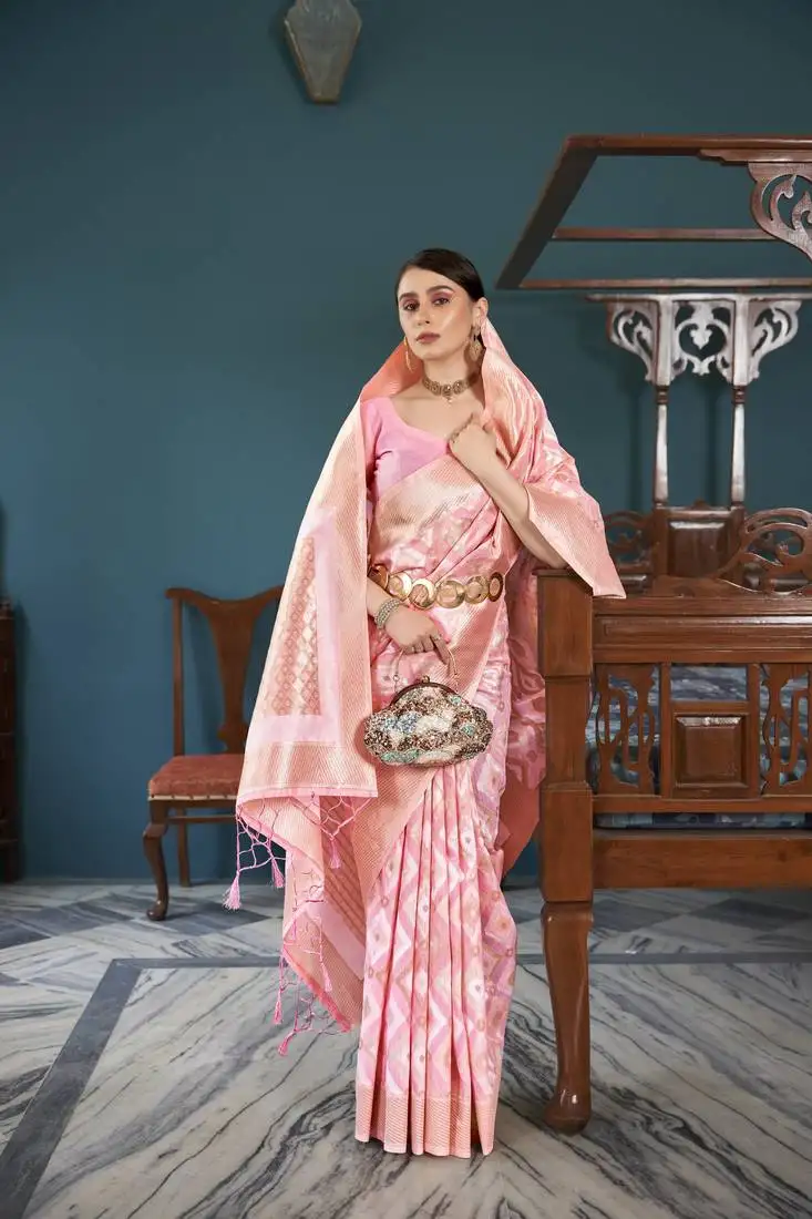 Pink faux organza ethnic motifs thread design zari saree with blouse
