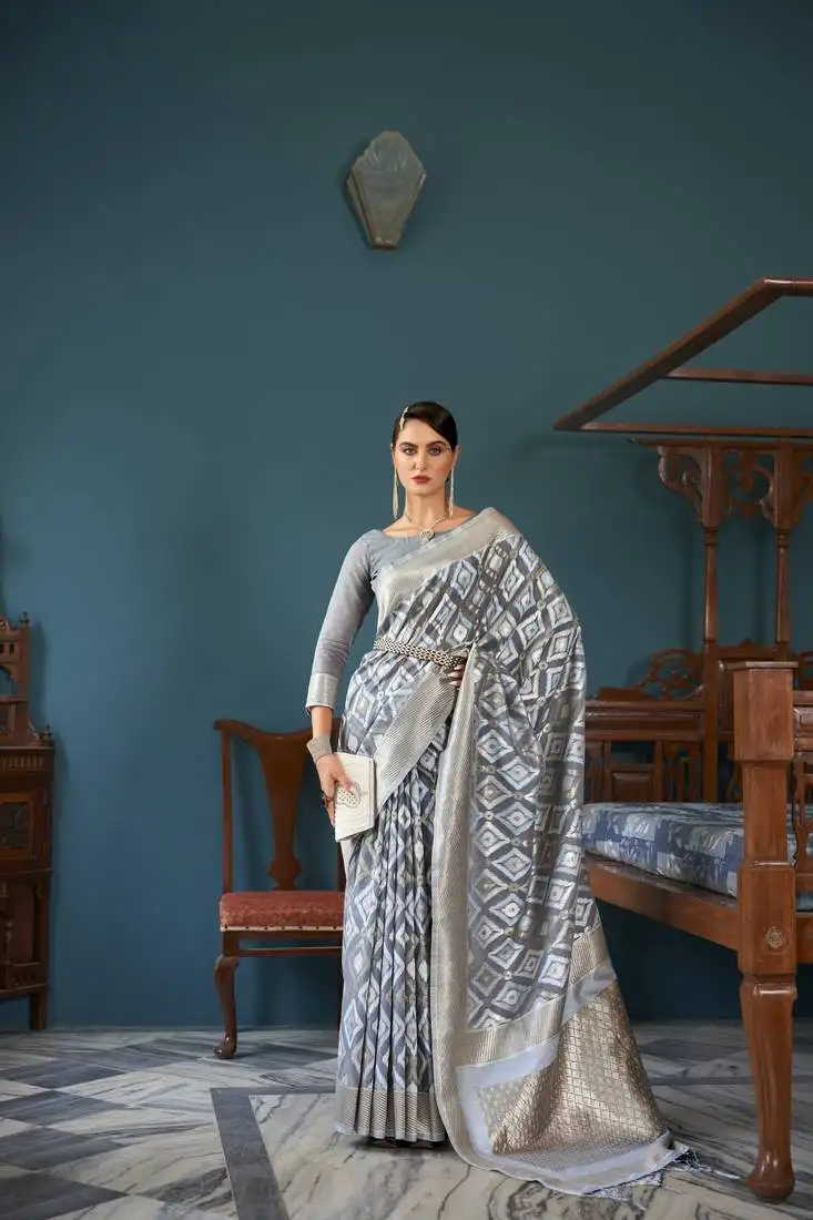 Grey faux organza ethnic motifs thread design zari saree with blouse