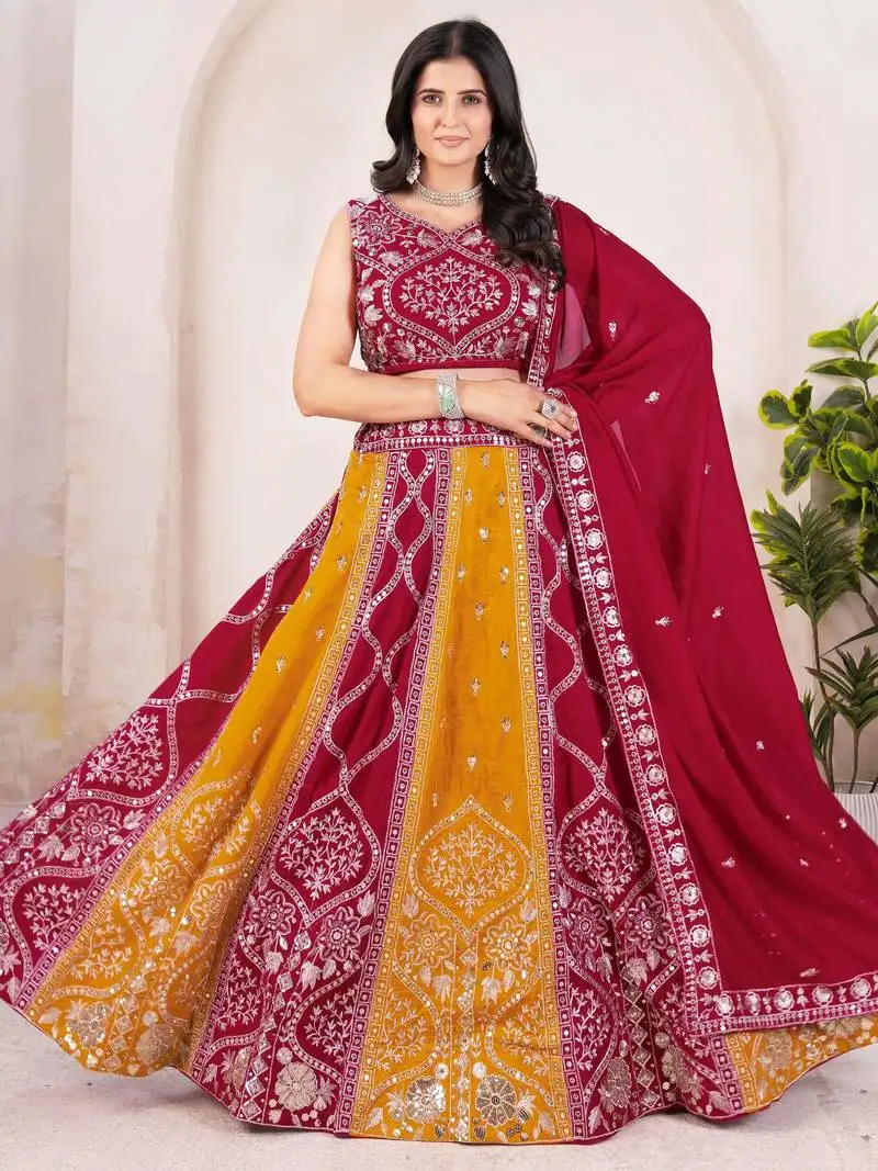 Beautiful red silk sequins embroidered wedding wear lehenga choli