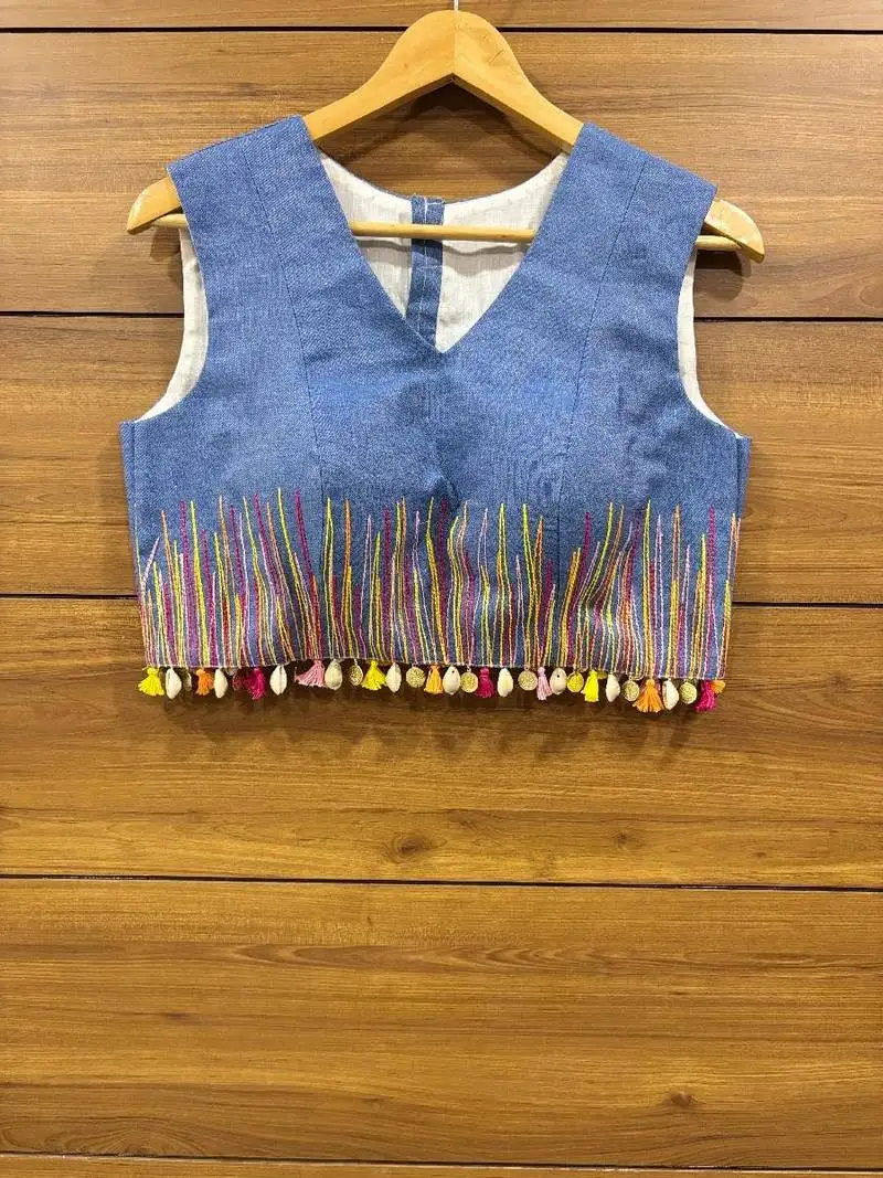 Denim colourful thread work sleeveless blouse