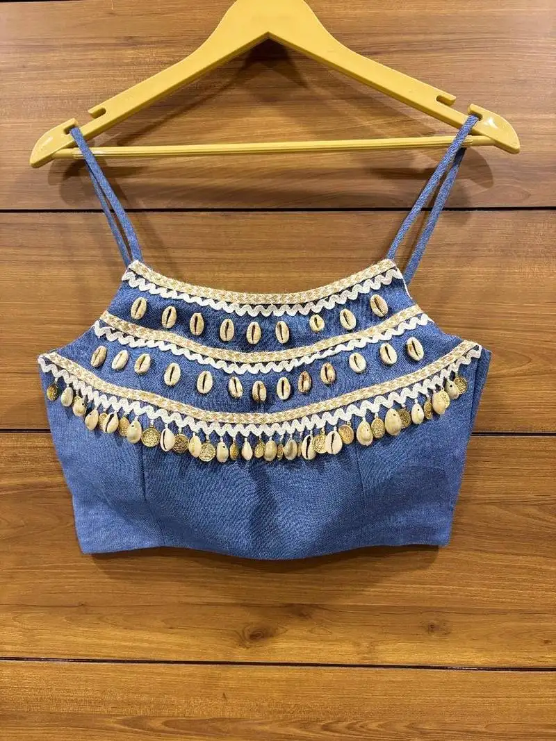 Denim jute lace work and kodi handwork sleeveless blouse